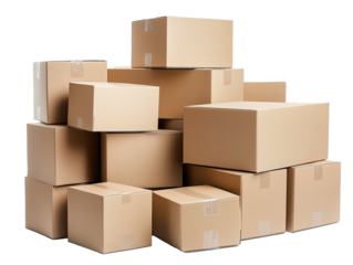 A variety of cardboard boxes are stacked together in different sizes, ready for packaging and shipping purposes.