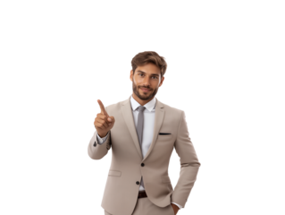 A well-dressed man wearing a light-colored suit with a tie is confidently pointing upwards with his right index finger.