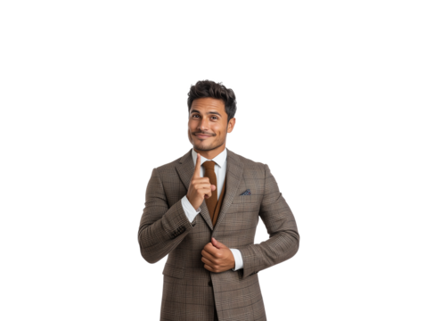 A stylishly dressed man poses confidently in a brown suit, pointing upward with a charming smile. His polished appearance and engaging expression suggest a moment of inspiration 
