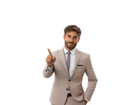 A well-dressed man wearing a light-colored suit with a tie is confidently pointing upwards with his right index finger.