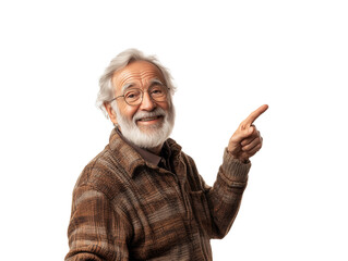 An elderly man wearing a cozy brown sweater smiles warmly as he points excitedly. His cheerful demeanor and expressive gestures convey a sense of joy and engagement. 
