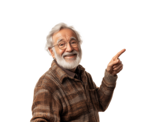 An elderly man wearing a cozy brown sweater smiles warmly as he points excitedly. His cheerful demeanor and expressive gestures convey a sense of joy and engagement. 