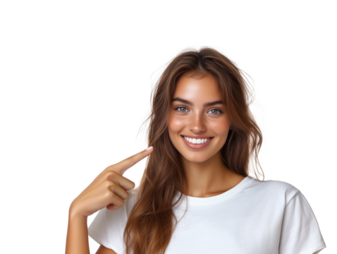 A young woman with long, brown hair is smiling brightly while pointing to her face. - Powered by Adobe