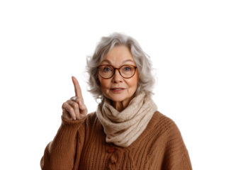 An elderly woman dressed in a cozy sweater and scarf stands with a friendly expression. She raises her finger as if sharing a special insight