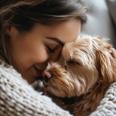 Obraz na płótnie Canvas Unconditional Love: A woman tenderly embraces her small, furry friend, their eyes closed in a moment of pure affection. This image evokes warmth, comfort, and the unbreakable bond between humans and 