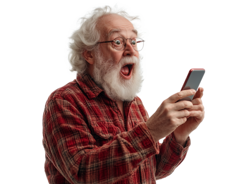 An elderly man with a white beard and glasses joyfully reacts while checking his smartphone, displaying a look of excitement. His plaid shirt adds a cozy touch to the bright environment