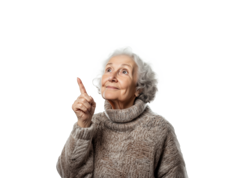 An elderly woman with curly gray hair is wearing a cozy sweater while she points upward with a thoughtful expression