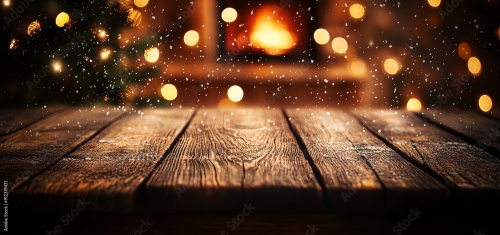 Poster a snowy christmas table with bokeh lights and a defocused christmas tree based on an abstract compos