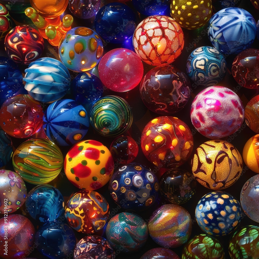 Poster a multitude of colorful glass beads rests together, showcasing intricate designs and patterns under 