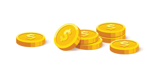 Heap of gold coins with us dollar currency sign vector illustration isolated on white background. Money coin stack pile. Business and finance concept design element.	