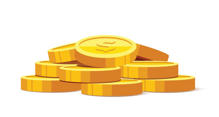 Heap of gold coins with us dollar currency sign vector illustration isolated on white background. Money coin stack pile. Business and finance concept design element.	