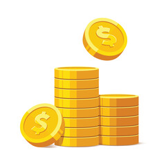 Heap of gold coins with us dollar currency sign vector illustration isolated on white background. Money coin stack pile. Business and finance concept design element.	