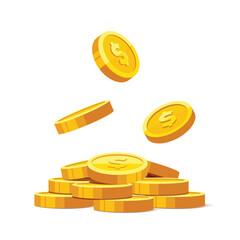 Heap of gold coins with us dollar currency sign vector illustration isolated on white background. Money coin stack pile. Business and finance concept design element.	