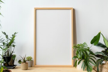 Blank Framed Canvas with Houseplants on Wooden Shelf