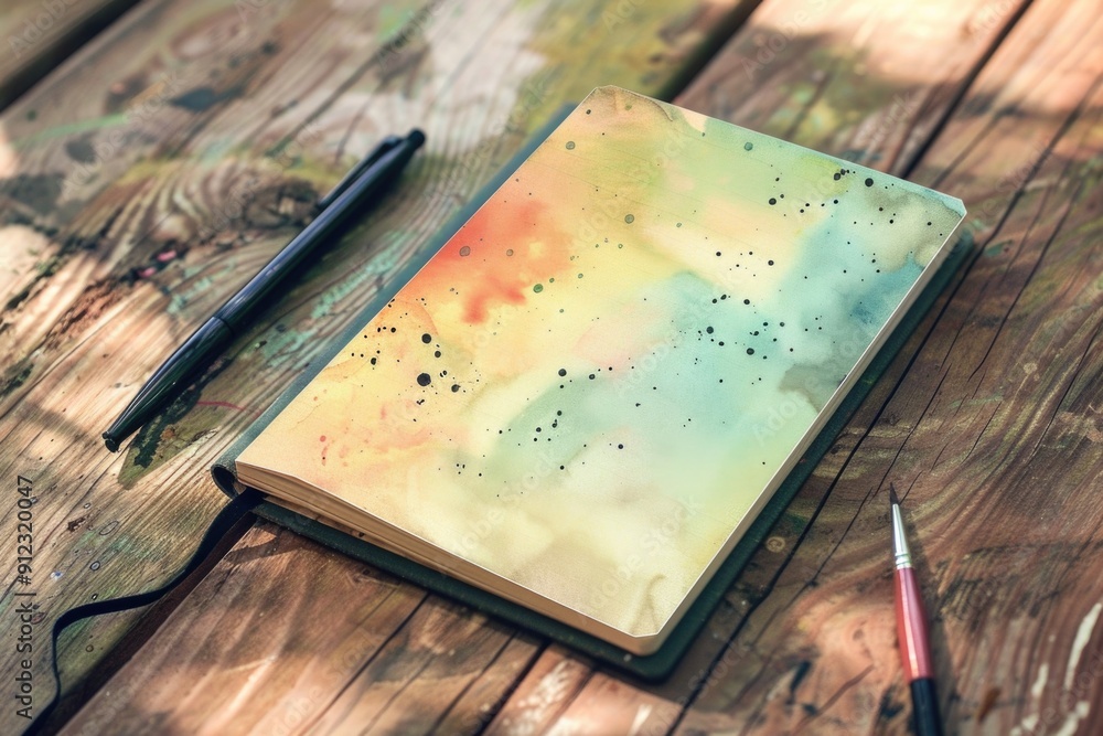 Poster A simple scene of a notebook and pen placed on a wooden table, ideal for use in illustrations or designs