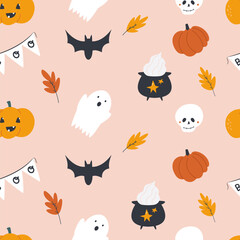 Seamless Halloween Patterns with Spooky Ghosts, Bats and Holiday Elements