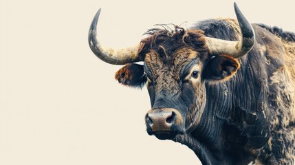 Naklejka premium A close-up image of a strong and majestic bull with prominent horns, showcasing its textured coat and intense gaze.