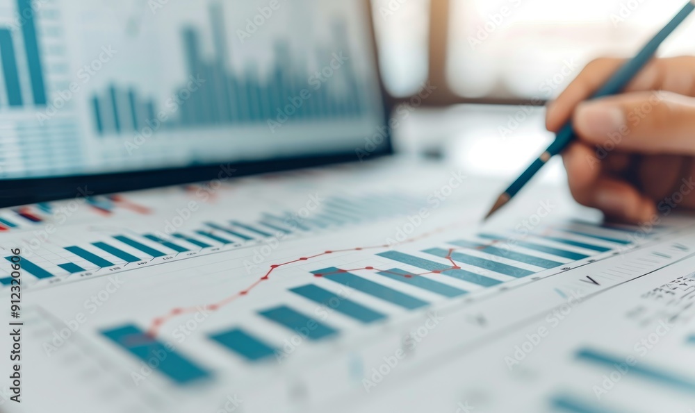 Poster close-up of hand analyzing financial charts with blue and red lines on paper with laptop in backgrou