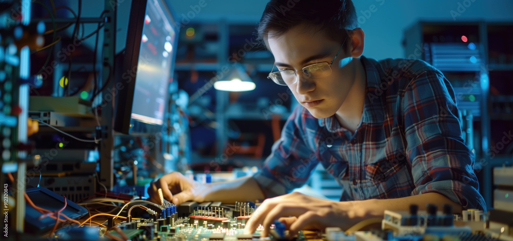 Poster focused young man in glasses working on circuit board with computer in background at night. concepts