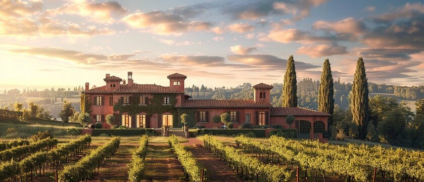 A beautiful house with a vineyard in the background