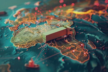 Naklejka premium Detailed map showing global trade routes with a cargo truck model and glowing connections. Illustrates concepts of international logistics, transportation networks, and global commerce.
