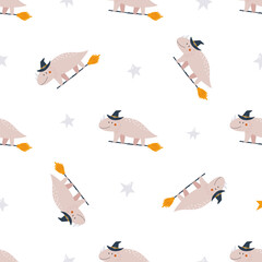 Seamless Halloween Patterns with Spooky and Funny Dinosaurs