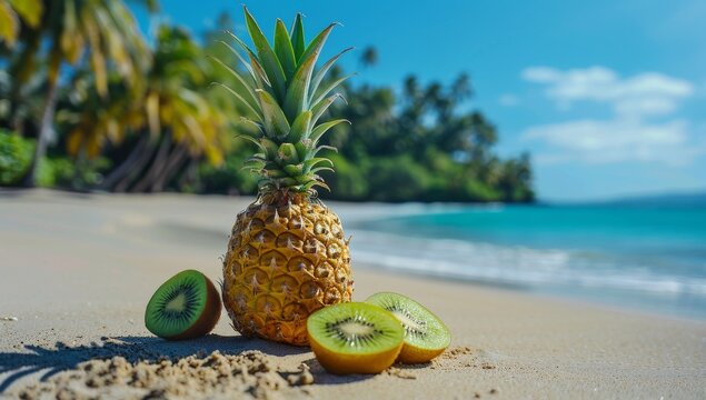 Whole Pineapple and Slices of Kiwi Fruit on Sandy Beach