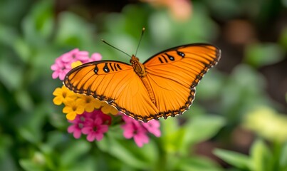 Fototapeta premium vibrant orange butterfly perched on a colorful flower ,Generative AI