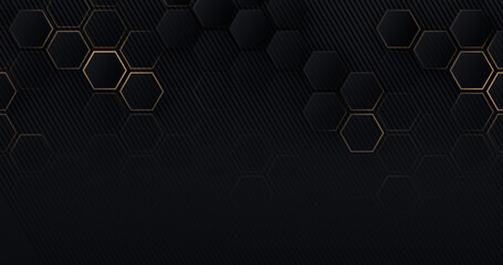 Luxury hexagonal abstract black metal background with golden light lines. Dark 3d geometric texture illustration. Bright grid pattern. Pure black horizontal banner wallpaper. Carbon elegant wedding BG