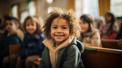 Obraz premium Small girl laughs happily in a primary school class, photography.