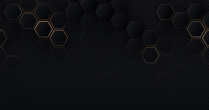 Luxury hexagonal abstract black metal background with golden light lines. Dark 3d geometric texture illustration. Bright grid pattern. Pure black horizontal banner wallpaper. Carbon elegant wedding BG