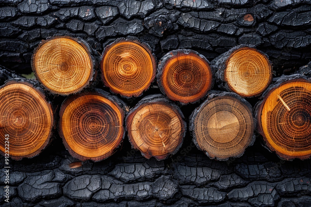 Poster cross-section of logs against a charred tree trunk