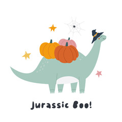 Halloween Diplodocus Dinosaur Illustration, Spooky Dino with Pumpkins