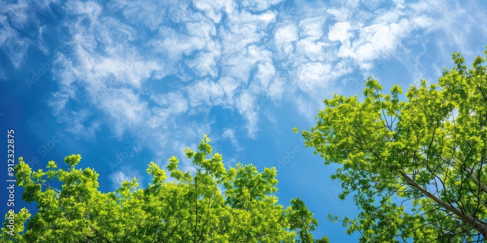 Wall mural Green tree foliage with blue sky and clouds in the background