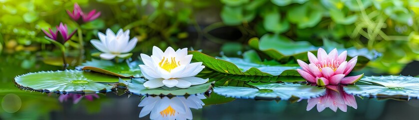 Tranquil water feature flower garden with blooming lilies and reflective ponds, serene garden, water garden, peaceful sanctuary © lnwAI