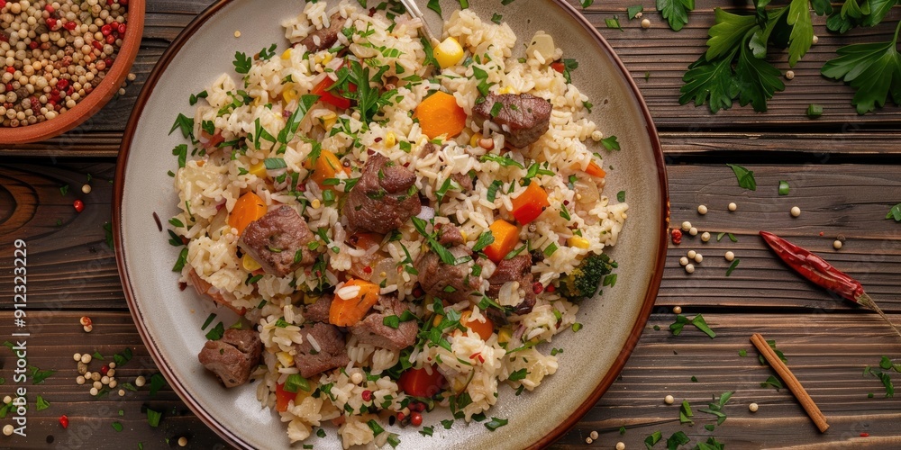 Poster close up of fragrant meat and vegetable pilaf on a plate displayed on a wooden table from a top view