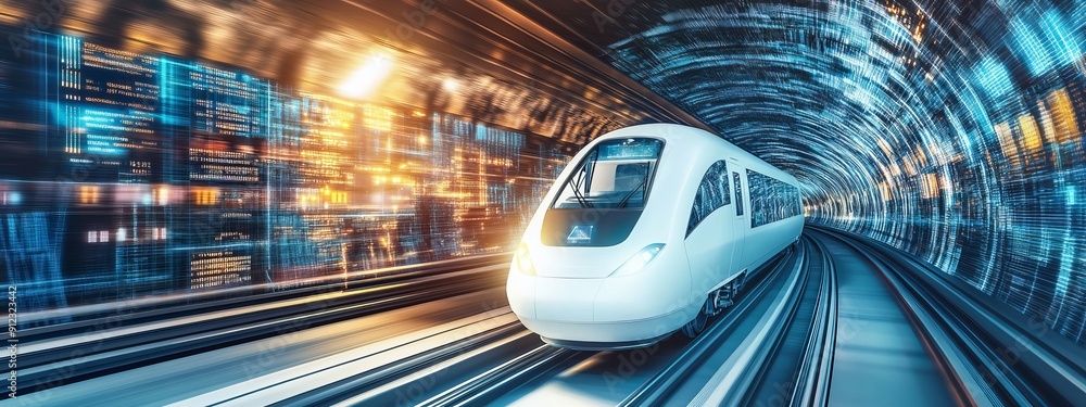 Poster An ultrasonic hyperloop train cab with fully self-driving system activated for fast transportation and autonomy concepts on an ultra-wide banner with copy space - Stock