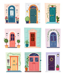 entrance doors set. cartoon wooden decorative vintage doorway entry, flat indoor house interior. vector cartoon gate entrances collection.