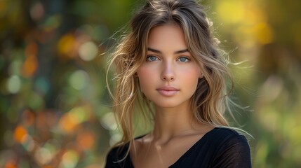 Obraz premium Young Woman With Long Hair Poses Outdoors in Natural Light During Late Afternoon