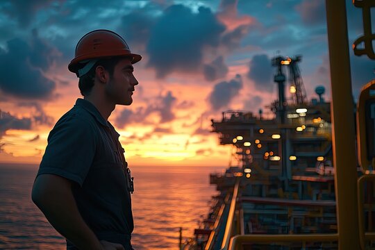 A man in a hard hat stands on a ship looking out at the ocean. The sky is orange and the sun is setting