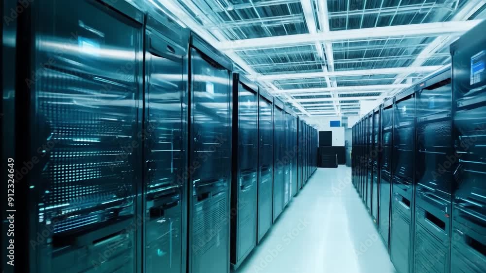 Poster rows of server racks are illuminated by ambient lighting in a high-tech data center, showcasing adva
