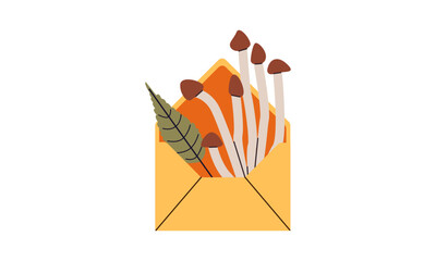 Hello autumn. Envelope with autumn leaves and cozy elements . Minimalistic hand drawn postcard. Vector illustration in flat style isolate on white background .