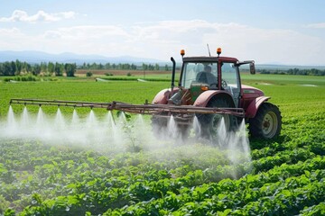 Fototapeta premium Agricultural equipment spraying pesticides on a field, great for farming or agricultural themes