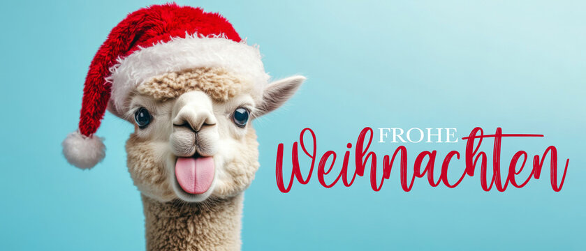 Frohe Weihnachten Urlaub Winter Hintergrund Gru&szlig;karte mit deutschem Text - Witziges Alpaca mit rausgestreckter Zunge und Nikolausm&uuml;tze Weihnachtsmannm&uuml;tze, isoliert auf blauem Hintergrund
