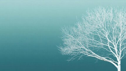 A striking depiction of a bare white tree stands alone amid a deep blue gradient, showcasing a minimalist aesthetic in a tranquil and serene manner