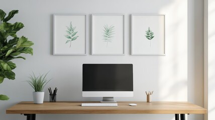 Bright office space with white wall showcasing framed botanical prints and air plants.