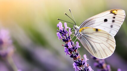 Naklejka premium A delicate butterfly resting on vibrant lavender flowers, showcasing nature's beauty in a serene spring setting.