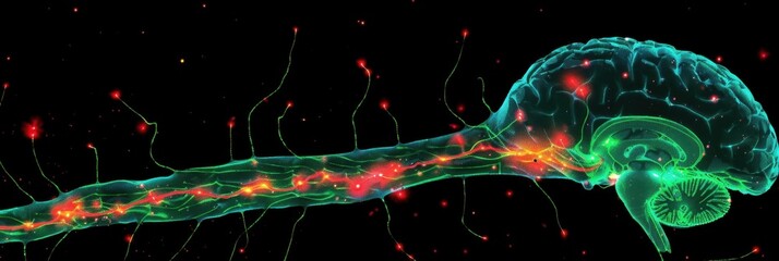 High-resolution microscopic image of a neural structure, showing vibrant neural pathways and synapses with glowing highlights on a black background.