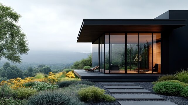 Conceptual representation of modern model house exterior with rooftop garden.