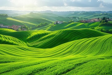 Lush Green Rolling Hills with Scattered Houses